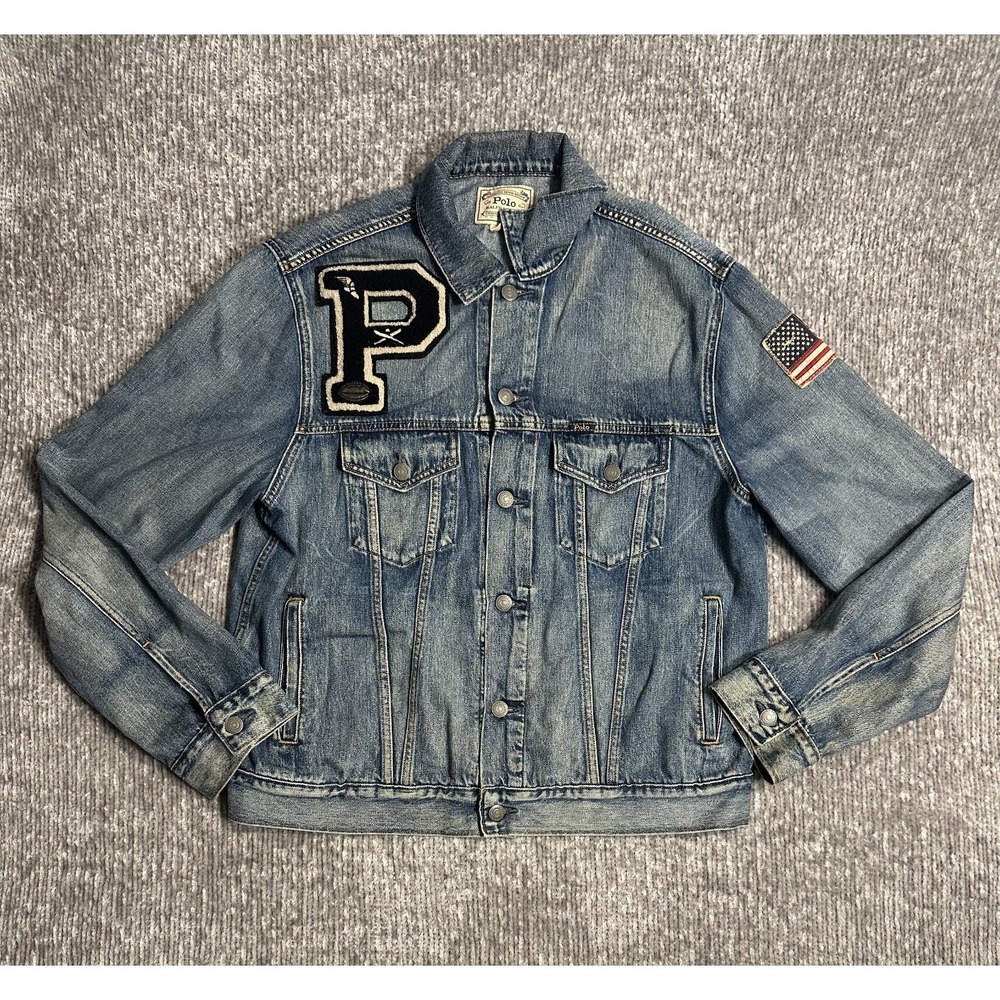 Polo Ralph Lauren Large Trucker Jacket Varsity "P" USA Flag Patch Rare HTF